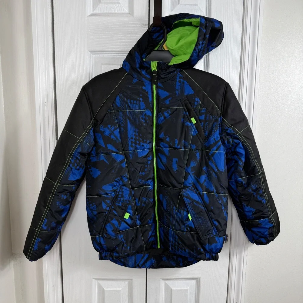 HK58 Hawke & Co Boys XL 14/16 Puffer Jacket Blue Black Neon Green Hooded Coat